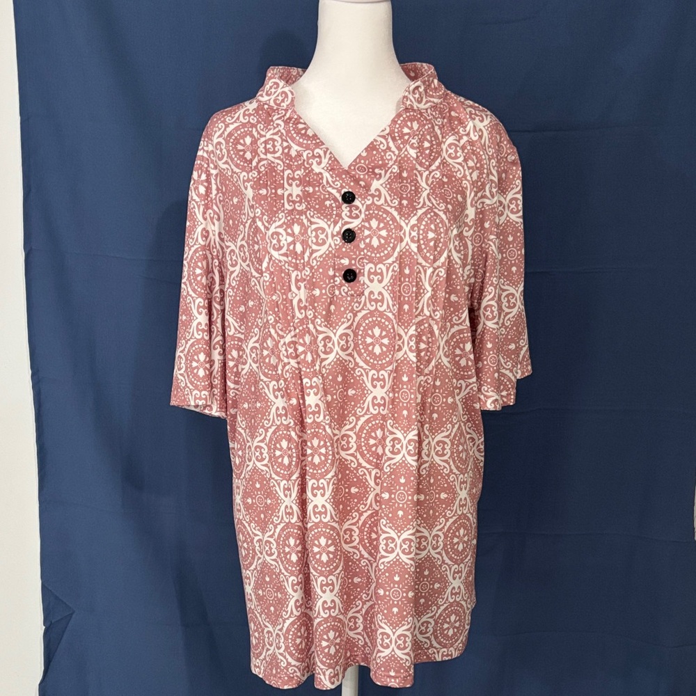 Women's Rose-Pink Patterned V-Neck Button Front Blouse